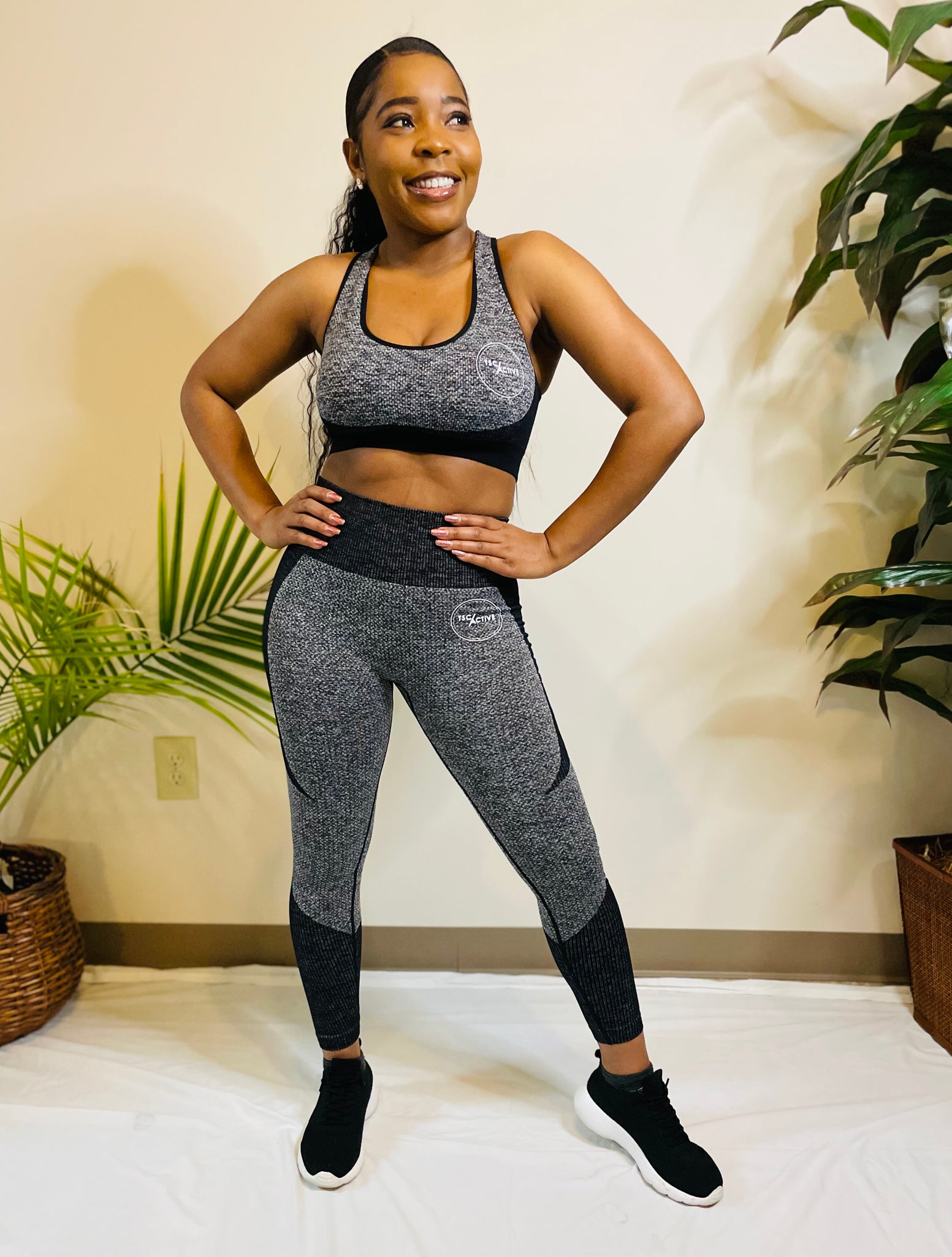 Gray and black High Waist Leggings and Cross the shoulder strap Top Ts –  TSC-Active